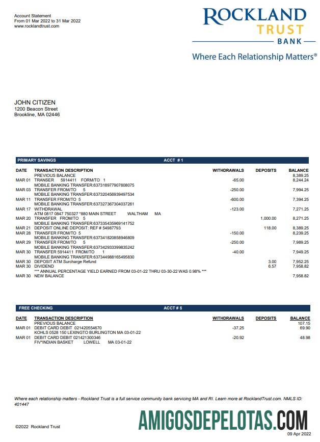 Exemplo de extrato bancário do Massachusets Rockland Trust Bank dos EUA
